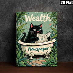 2D flat 1pc Charming black cat reading newspaper bathroom wall art decor living room bedroom cozy farmhouse style canvas prints modern minimalist gallery wrapped