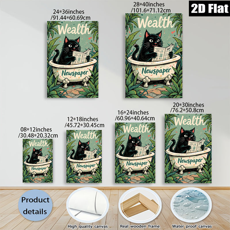 2D flat 1pc Charming black cat reading newspaper bathroom wall art decor living room bedroom cozy farmhouse style canvas prints modern minimalist gallery wrapped