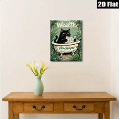 2D flat 1pc Charming black cat reading newspaper bathroom wall art decor living room bedroom cozy farmhouse style canvas prints modern minimalist gallery wrapped
