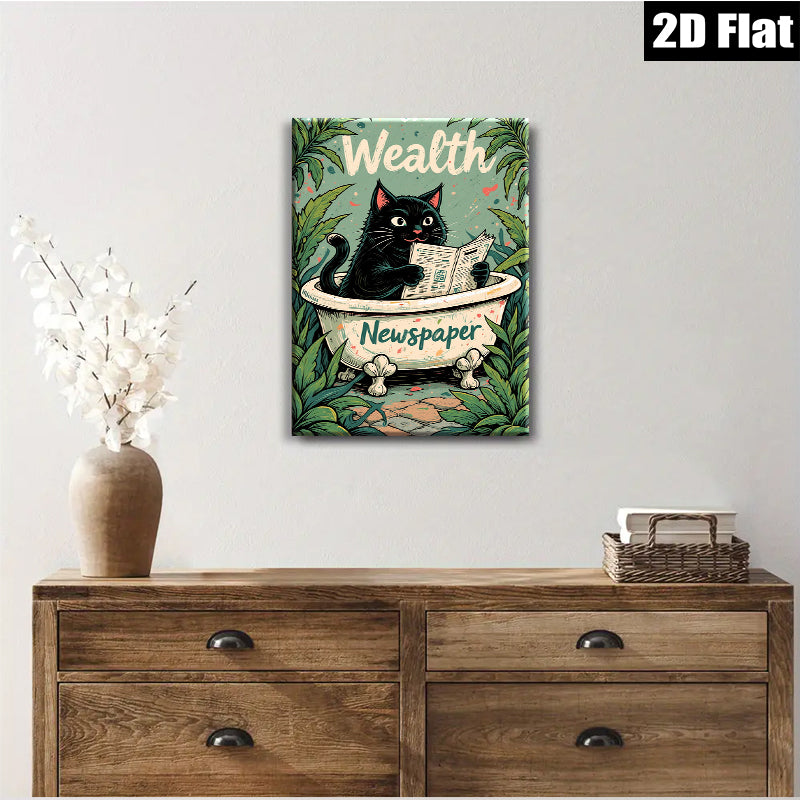 2D flat 1pc Charming black cat reading newspaper bathroom wall art decor living room bedroom cozy farmhouse style canvas prints modern minimalist gallery wrapped