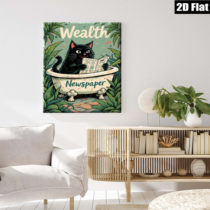 2D flat 1pc Charming black cat reading newspaper bathroom wall art decor living room bedroom cozy farmhouse style canvas prints modern minimalist gallery wrapped