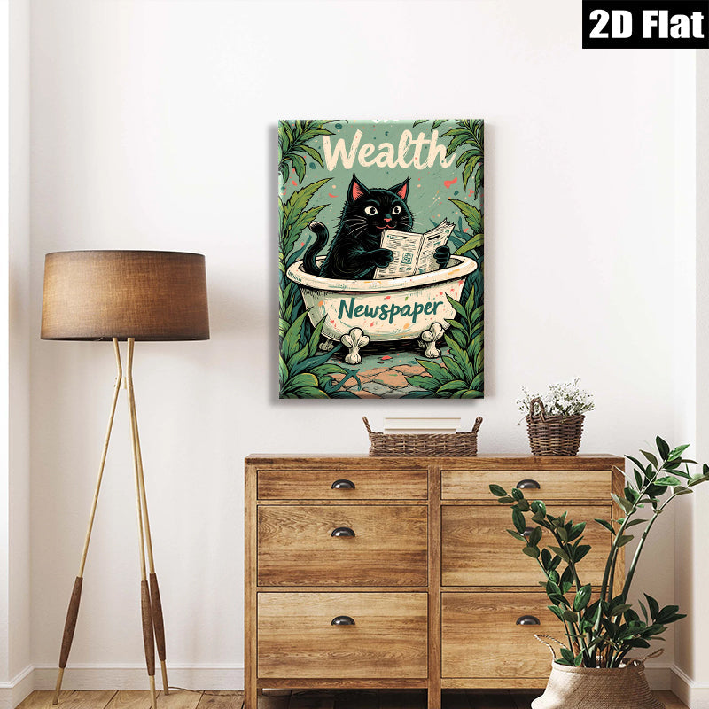 2D flat 1pc Charming black cat reading newspaper bathroom wall art decor living room bedroom cozy farmhouse style canvas prints modern minimalist gallery wrapped