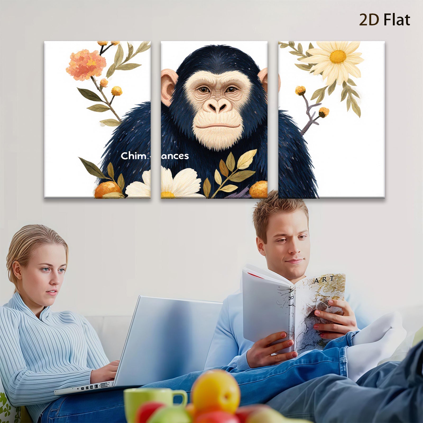 2D flat 1pc Charming chimpanzee portrait botanical wall art living room bedroom home decor farmhouse style gallery wrapped canvas prints modern aesthetic