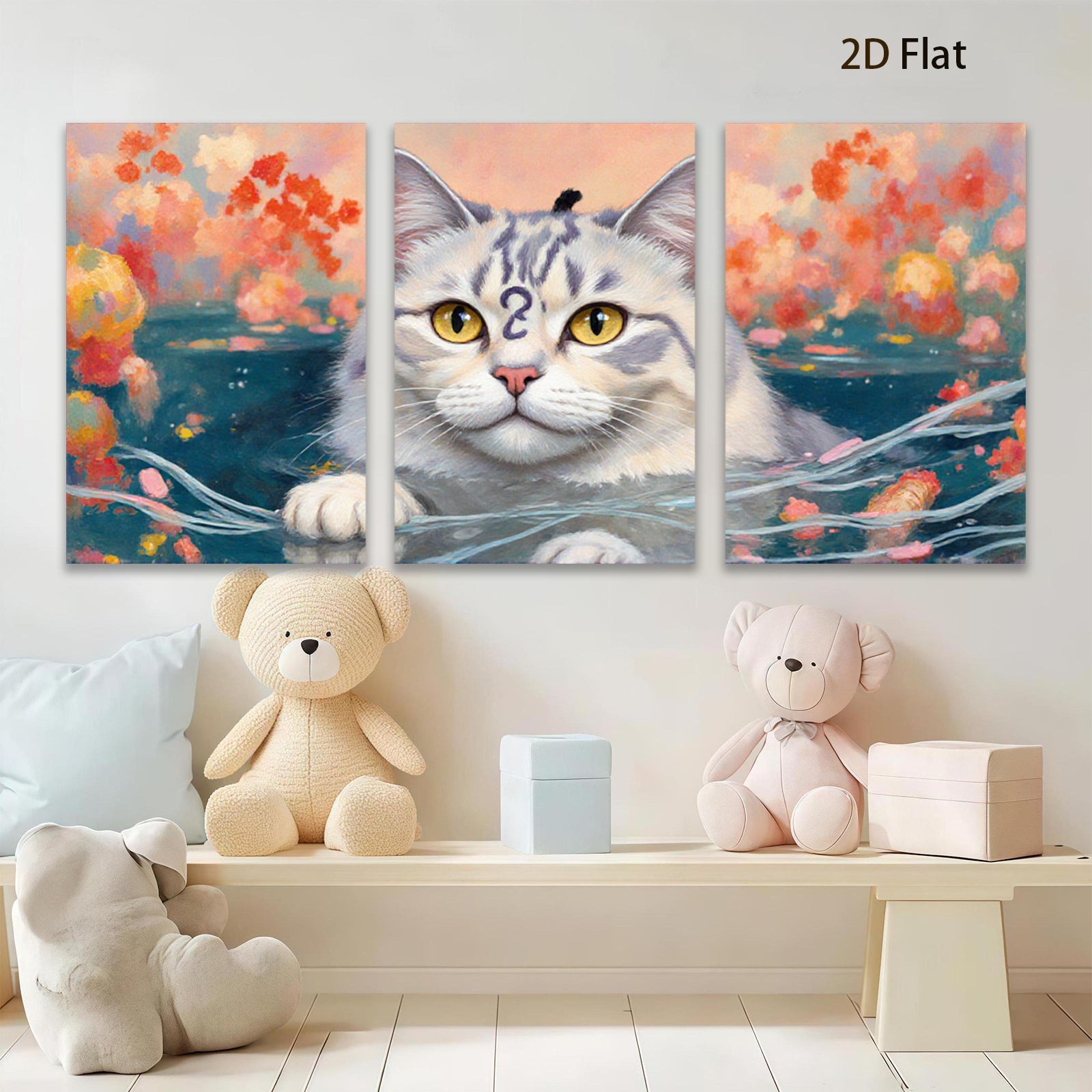 2D flat 1pc Charming feline portrait vibrant floral background living room bedroom gallery wall decor farmhouse style modern art