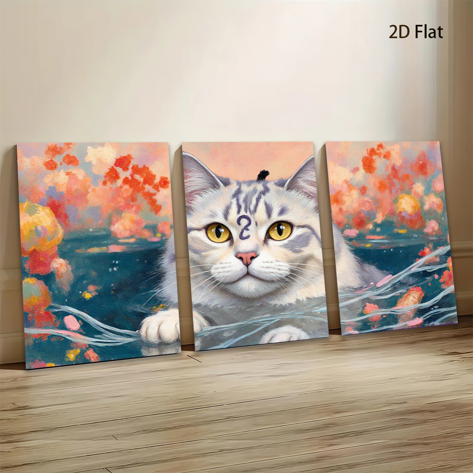 2D flat 1pc Charming feline portrait vibrant floral background living room bedroom gallery wall decor farmhouse style modern art