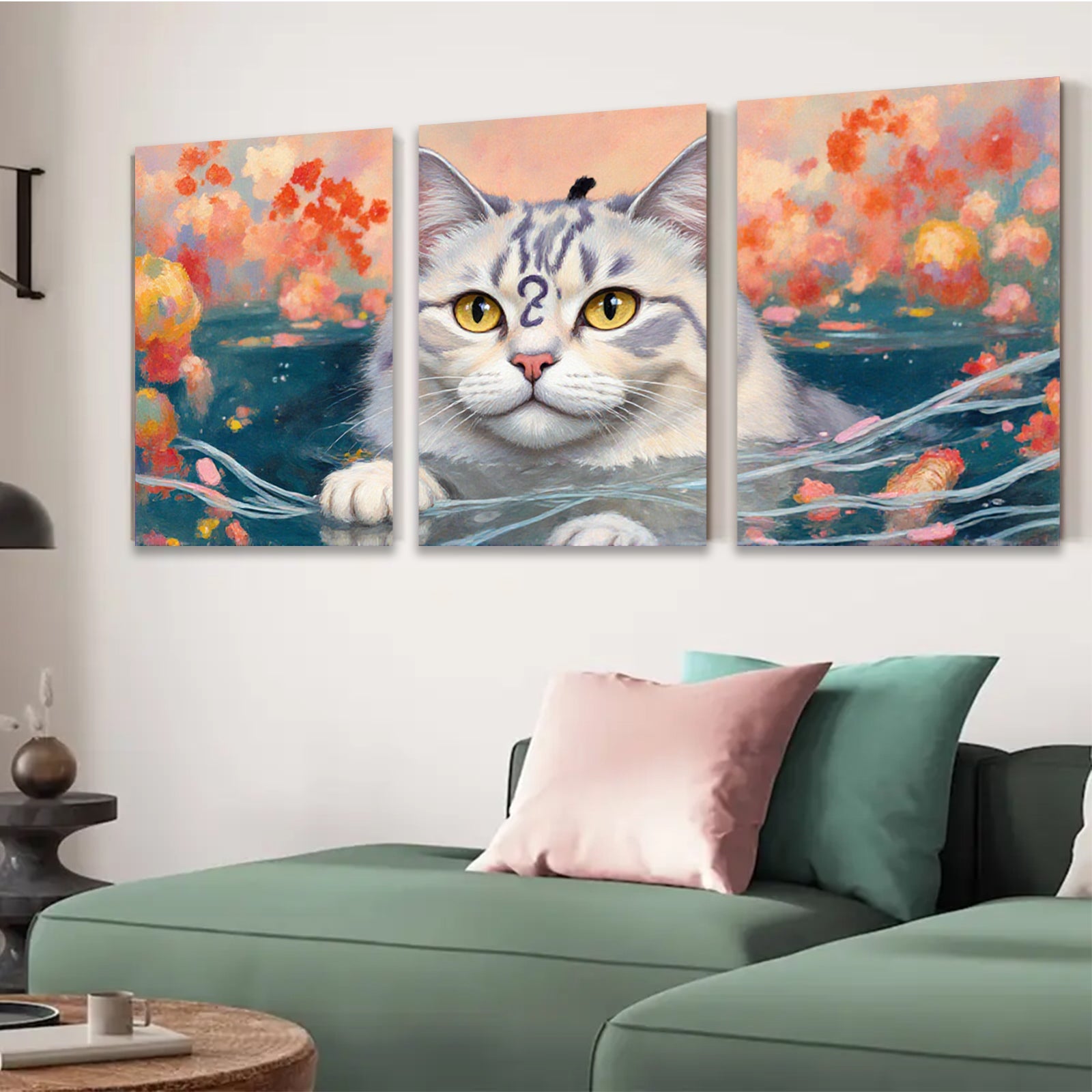 2D flat 1pc Charming feline portrait vibrant floral background living room bedroom gallery wall decor farmhouse style modern art