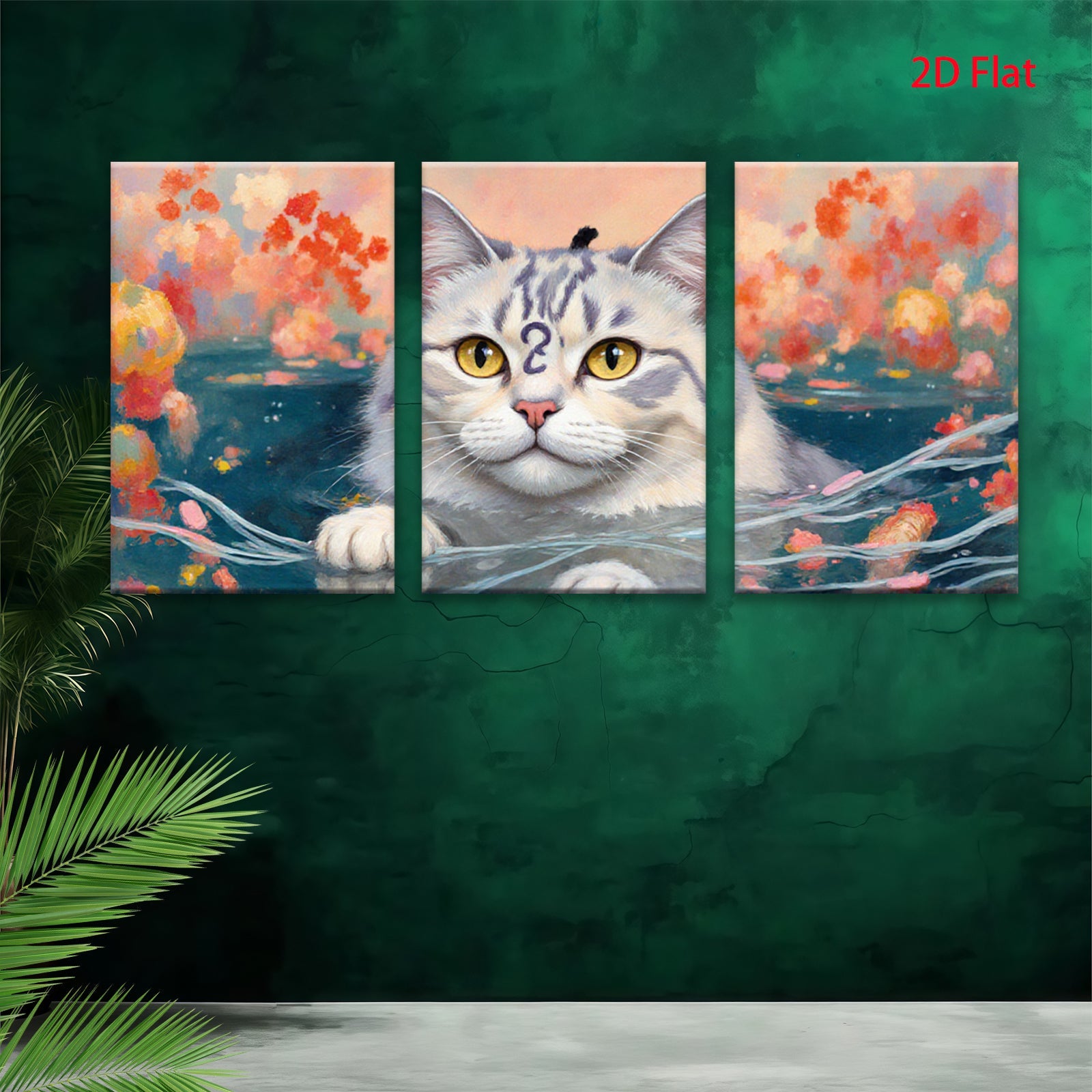 2D flat 1pc Charming feline portrait vibrant floral background living room bedroom gallery wall decor farmhouse style modern art