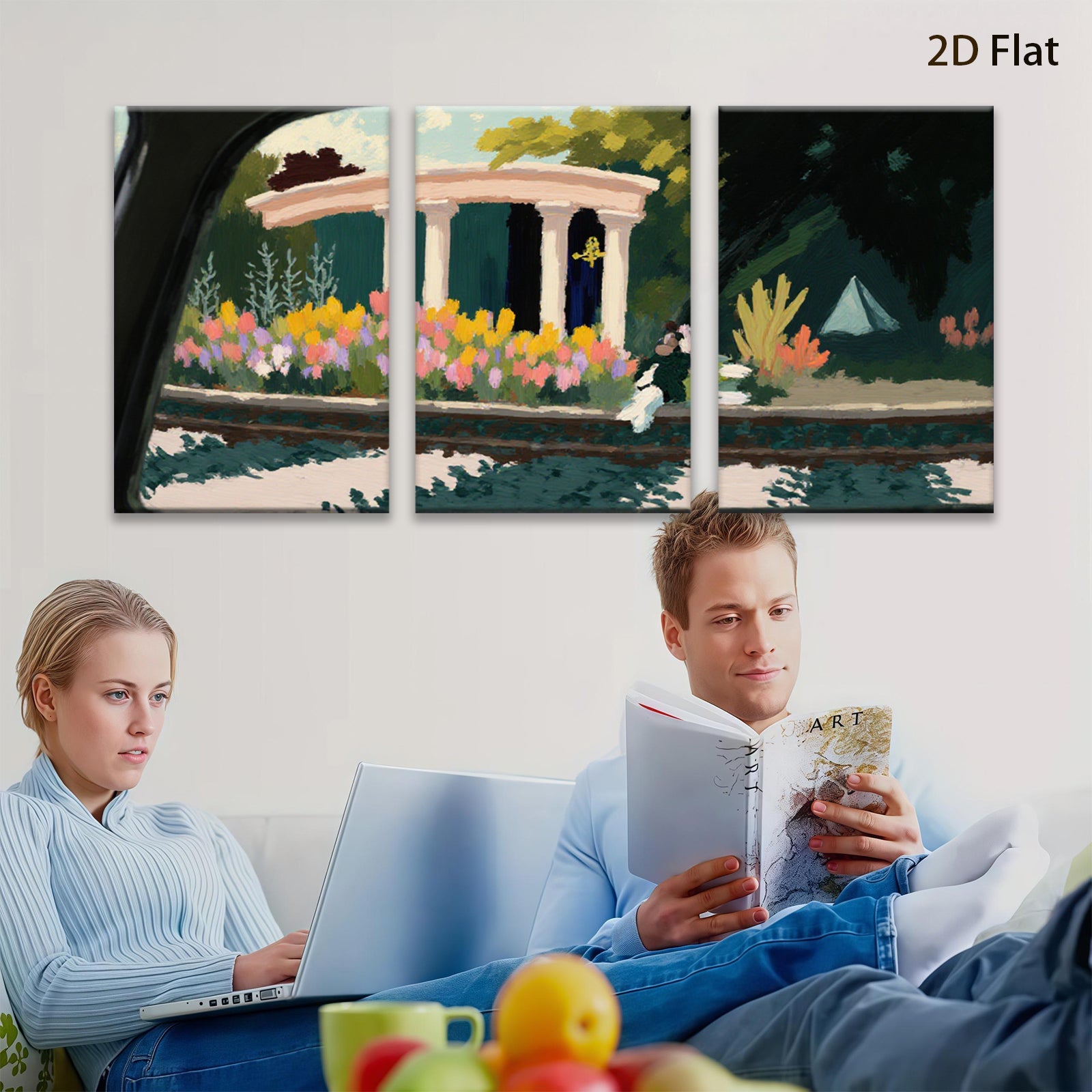 2D flat 1pc Charming garden scene with classical columns blooming flowers living room bedroom gallery wall art farmhouse decor modern minimalist style