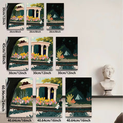 2D flat 1pc Charming garden scene with classical columns blooming flowers living room bedroom gallery wall art farmhouse decor modern minimalist style