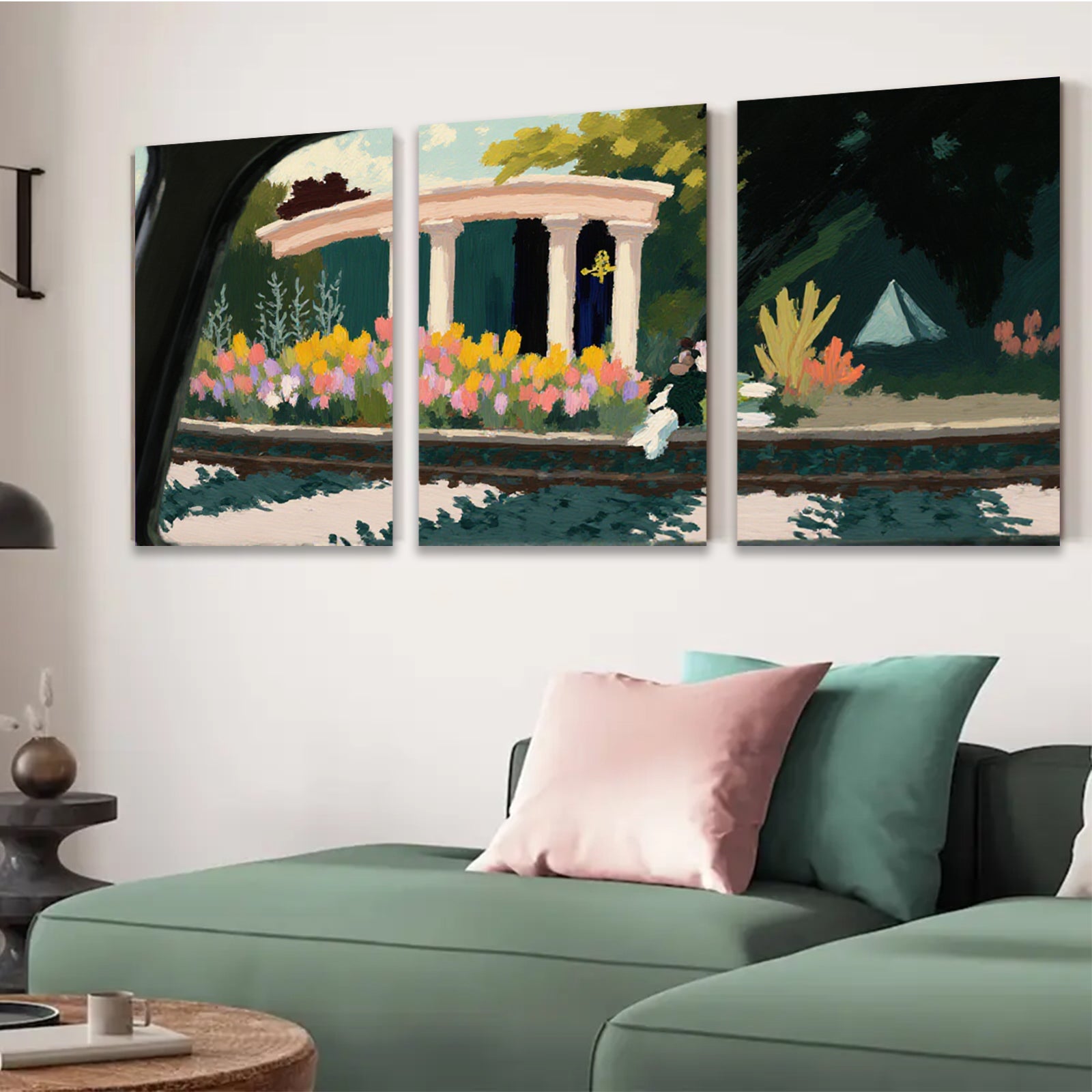 2D flat 1pc Charming garden scene with classical columns blooming flowers living room bedroom gallery wall art farmhouse decor modern minimalist style