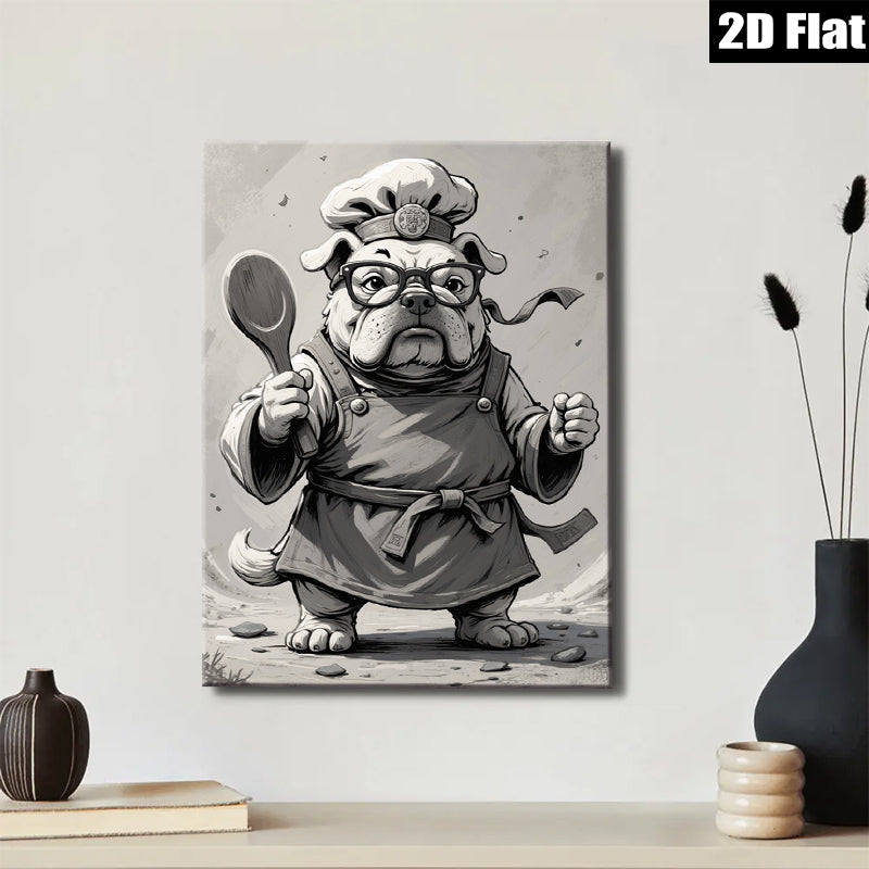 2D flat 1pc Chef Bulldog Canvas Wall Art Kitchen Dining Room Decor Farmhouse Style Modern Minimalist Art Prints Ready to Hang Gift Ideas