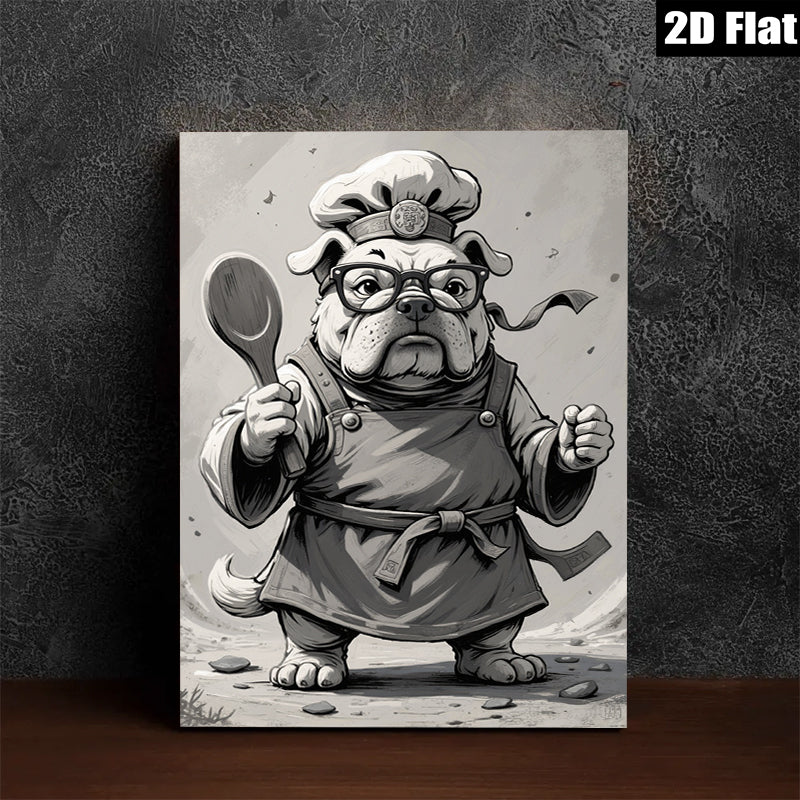 2D flat 1pc Chef Bulldog Canvas Wall Art Kitchen Dining Room Decor Farmhouse Style Modern Minimalist Art Prints Ready to Hang Gift Ideas