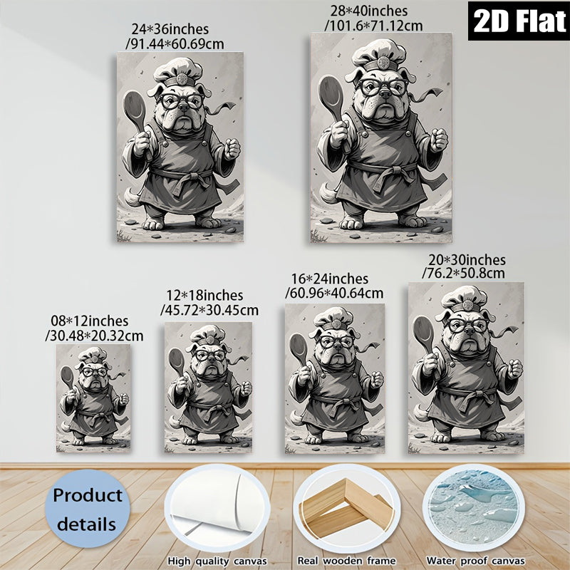 2D flat 1pc Chef Bulldog Canvas Wall Art Kitchen Dining Room Decor Farmhouse Style Modern Minimalist Art Prints Ready to Hang Gift Ideas