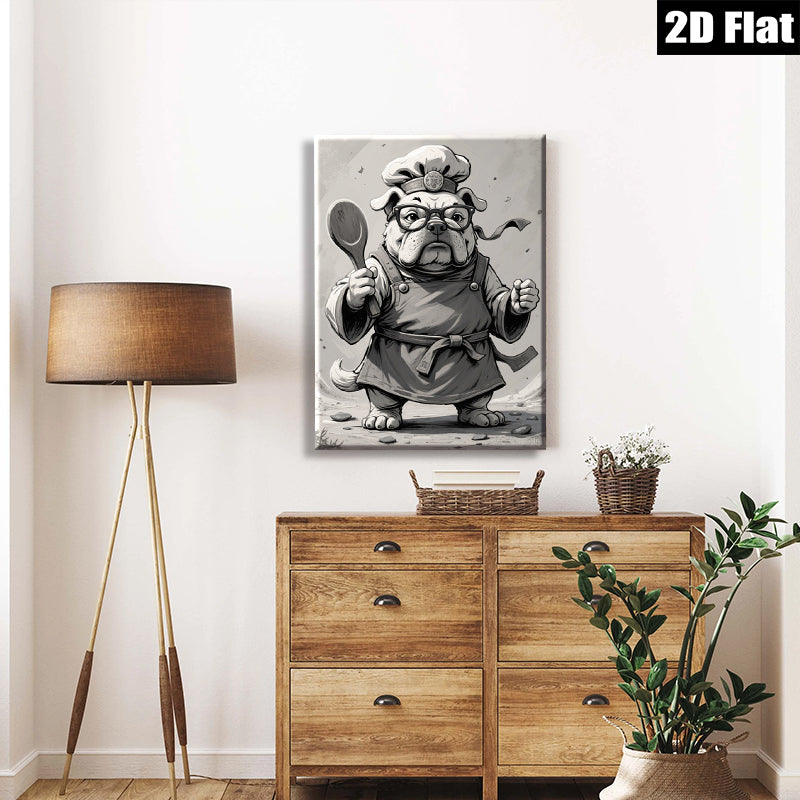 2D flat 1pc Chef Bulldog Canvas Wall Art Kitchen Dining Room Decor Farmhouse Style Modern Minimalist Art Prints Ready to Hang Gift Ideas