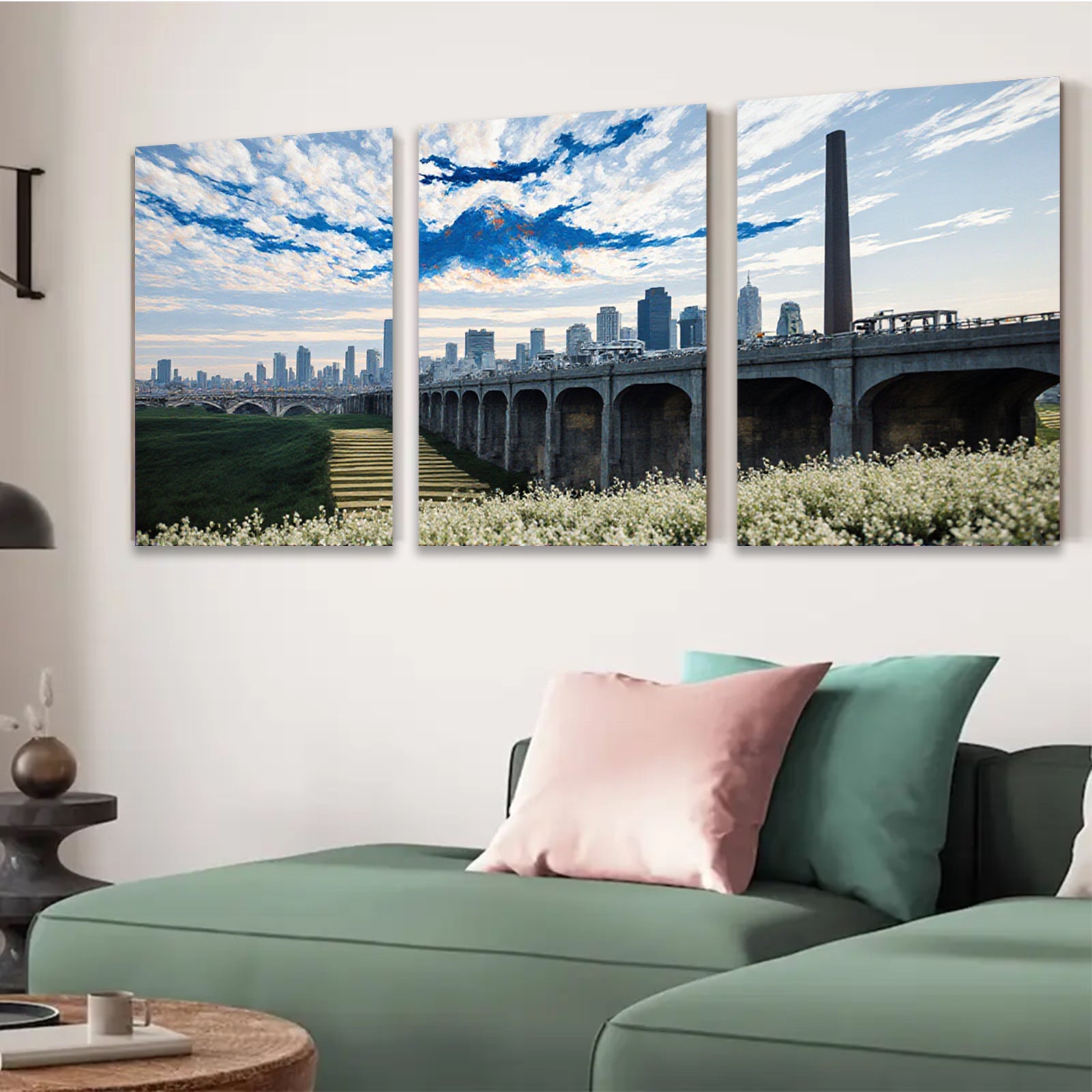 2D flat 1pc Chicago Skyline Bridge Pastoral View Wall Art Decor For Living Room Bedroom Office Modern Farmhouse Rustic Gallery Wrapped Canvas Prints