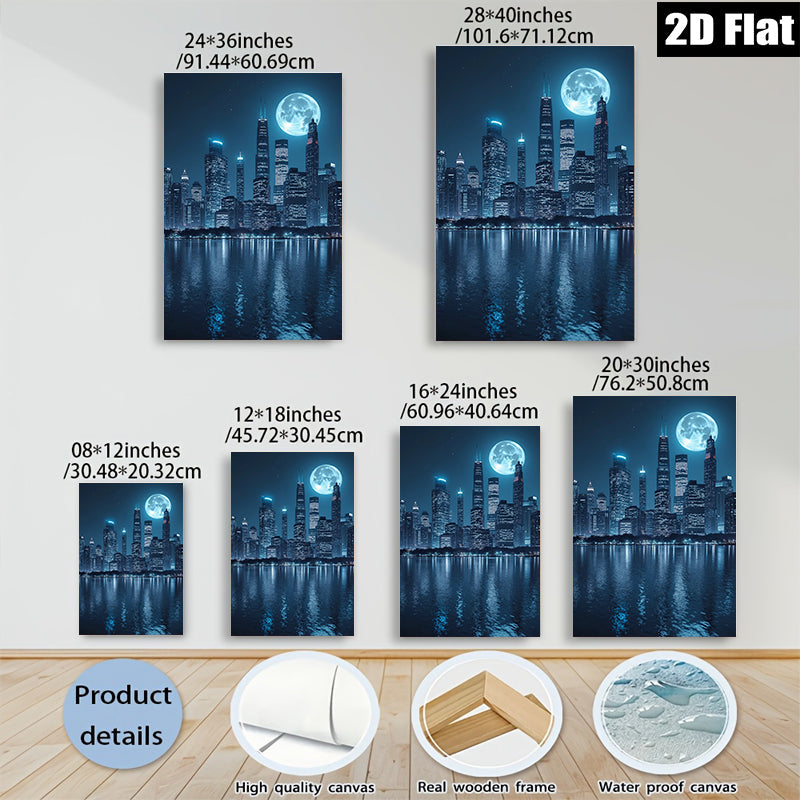 2D flat 1pc Chicago Skyline Night View Modern Wall Art Canvas Prints for Living Room Bedroom Home Office Decor farmhouse style gallery wrapped ready to hang