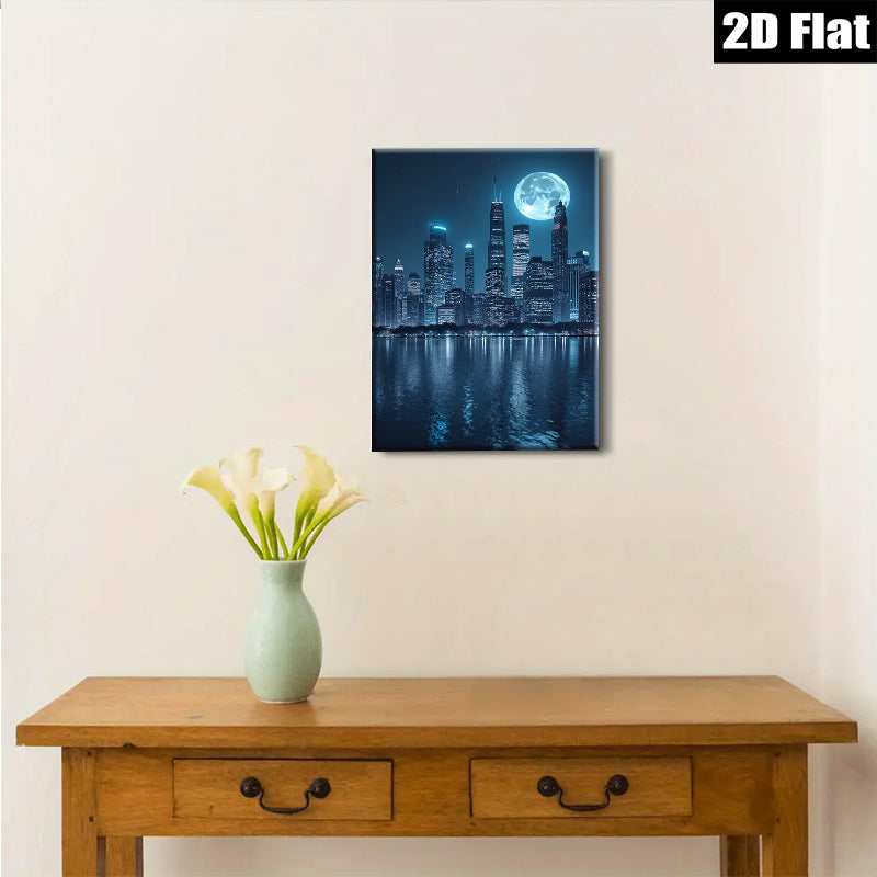 2D flat 1pc Chicago Skyline Night View Modern Wall Art Canvas Prints for Living Room Bedroom Home Office Decor farmhouse style gallery wrapped ready to hang