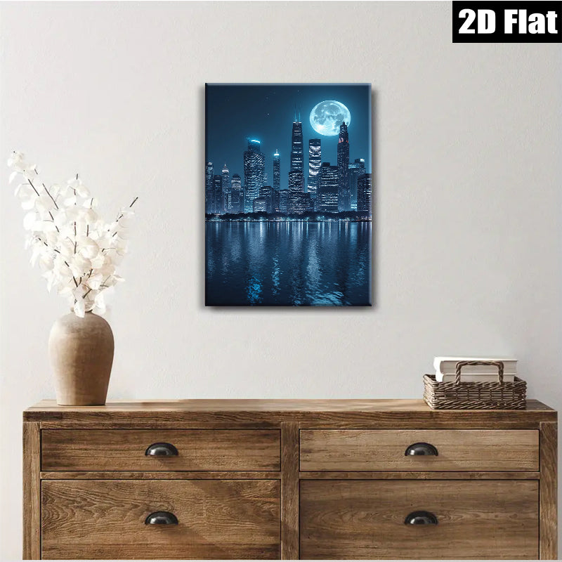 2D flat 1pc Chicago Skyline Night View Modern Wall Art Canvas Prints for Living Room Bedroom Home Office Decor farmhouse style gallery wrapped ready to hang