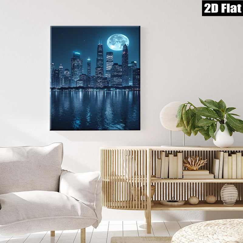 2D flat 1pc Chicago Skyline Night View Modern Wall Art Canvas Prints for Living Room Bedroom Home Office Decor farmhouse style gallery wrapped ready to hang