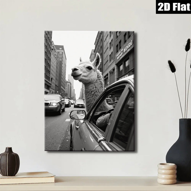 2D flat 1pc City Llama Ride Urban Humor Living Room Decor Gallery Wrapped Canvas Print Wall Art Modern Farmhouse Style Bedroom Decor