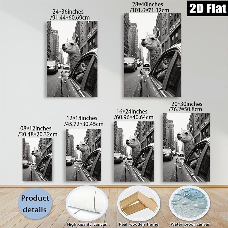2D flat 1pc City Llama Ride Urban Humor Living Room Decor Gallery Wrapped Canvas Print Wall Art Modern Farmhouse Style Bedroom Decor