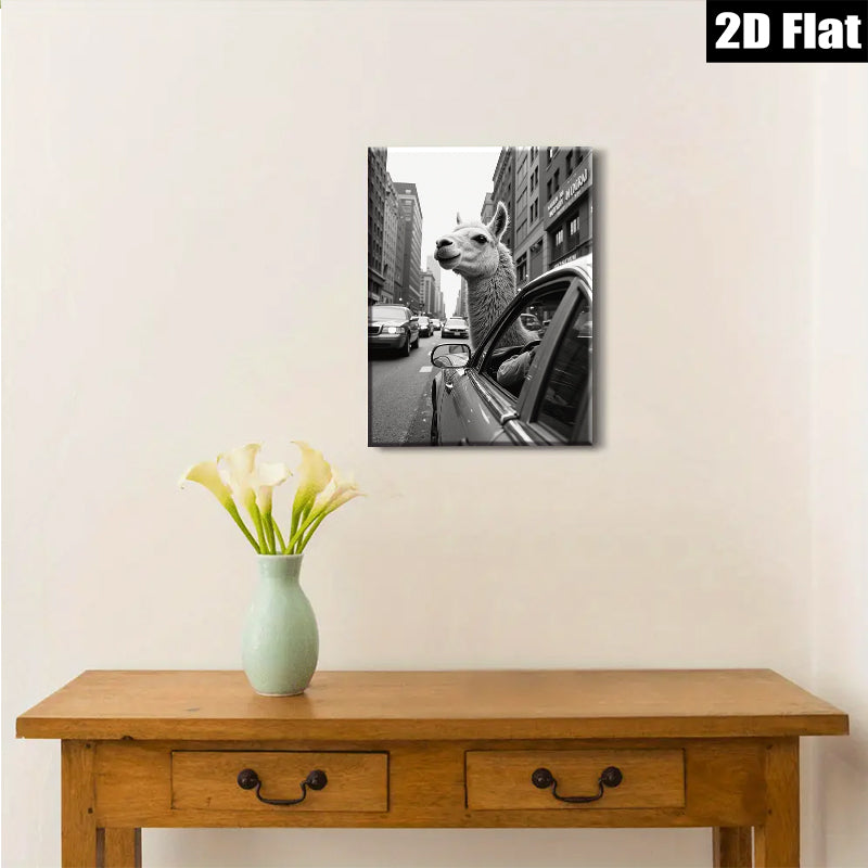 2D flat 1pc City Llama Ride Urban Humor Living Room Decor Gallery Wrapped Canvas Print Wall Art Modern Farmhouse Style Bedroom Decor