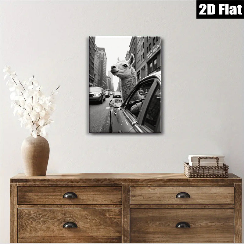 2D flat 1pc City Llama Ride Urban Humor Living Room Decor Gallery Wrapped Canvas Print Wall Art Modern Farmhouse Style Bedroom Decor