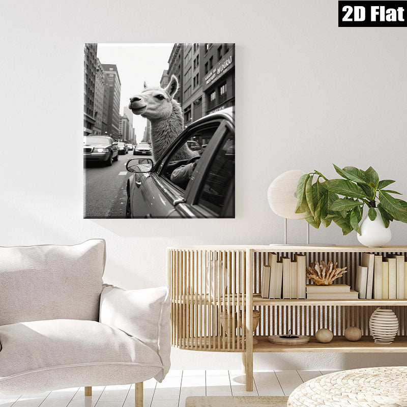 2D flat 1pc City Llama Ride Urban Humor Living Room Decor Gallery Wrapped Canvas Print Wall Art Modern Farmhouse Style Bedroom Decor