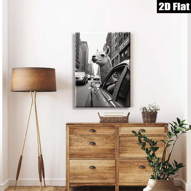 2D flat 1pc City Llama Ride Urban Humor Living Room Decor Gallery Wrapped Canvas Print Wall Art Modern Farmhouse Style Bedroom Decor