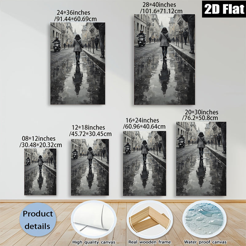 2D flat 1pc City Reflections Moody Street Scene Canvas Wall Art for Living Room Bedroom Decor Gallery Wrapped Modern Farmhouse Style