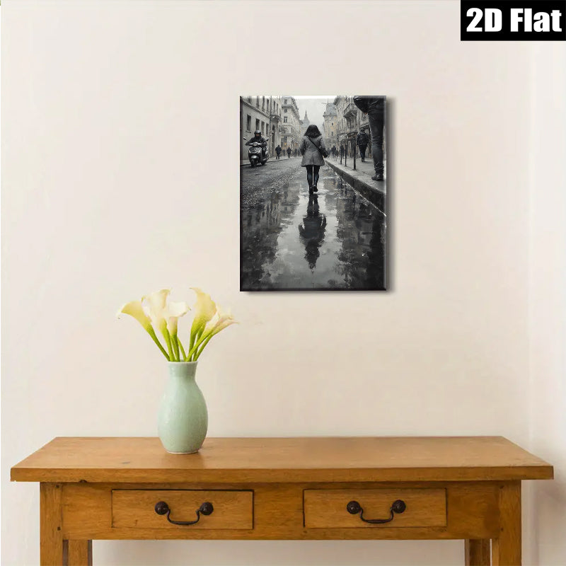 2D flat 1pc City Reflections Moody Street Scene Canvas Wall Art for Living Room Bedroom Decor Gallery Wrapped Modern Farmhouse Style