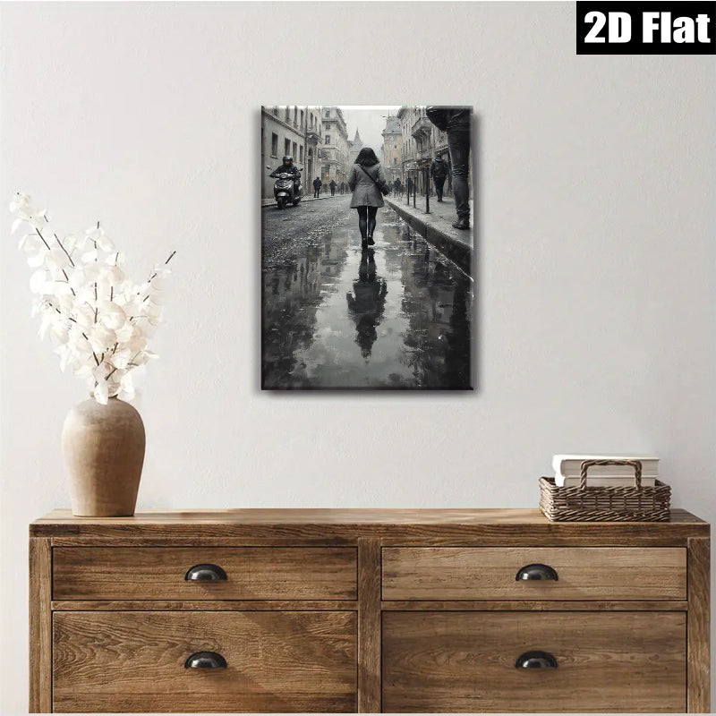 2D flat 1pc City Reflections Moody Street Scene Canvas Wall Art for Living Room Bedroom Decor Gallery Wrapped Modern Farmhouse Style