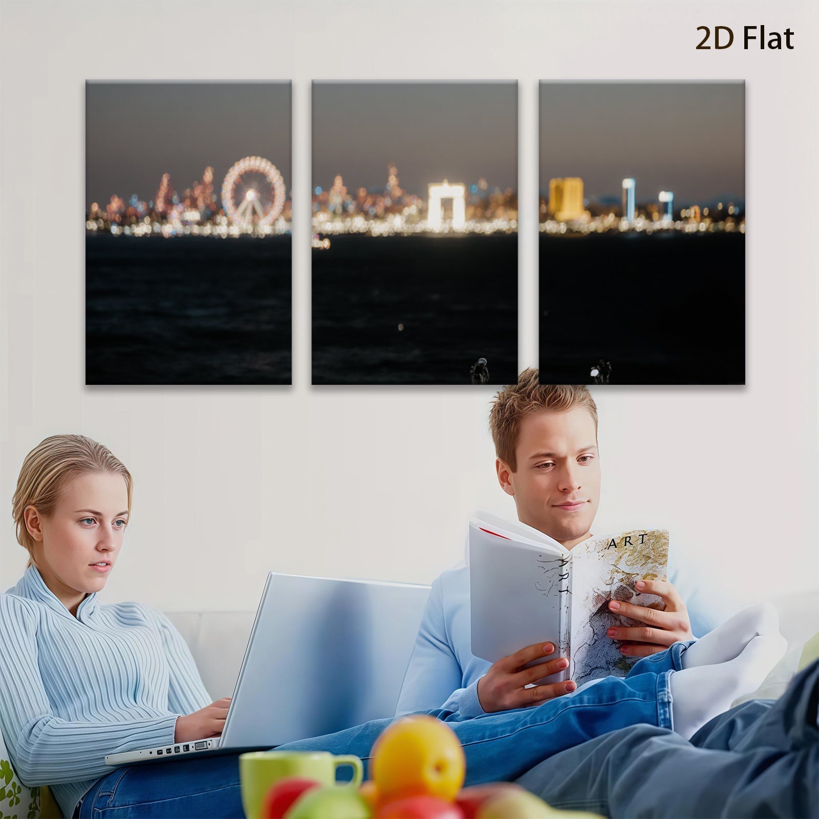 2D flat 1pc City Skyline Night View Wall Art Decor for Living Room Bedroom Modern Farmhouse Gallery Wrapped Canvas Prints Teal Navy Gold