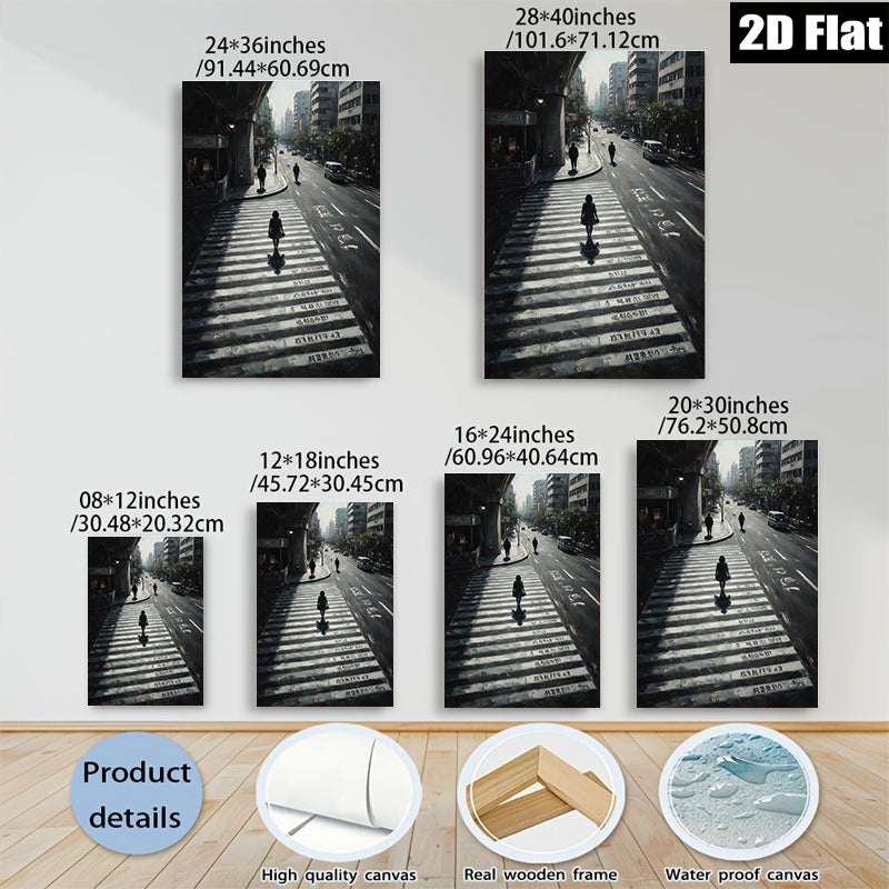 2D flat 1pc City Street Crossing Rain Moody Urban Wall Art Living Room Bedroom Decor Modern Minimalist Canvas Print Gallery Wrapped Ready to Hang