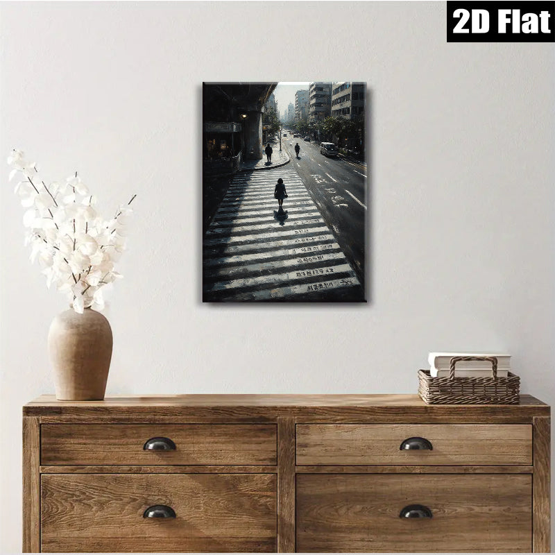 2D flat 1pc City Street Crossing Rain Moody Urban Wall Art Living Room Bedroom Decor Modern Minimalist Canvas Print Gallery Wrapped Ready to Hang