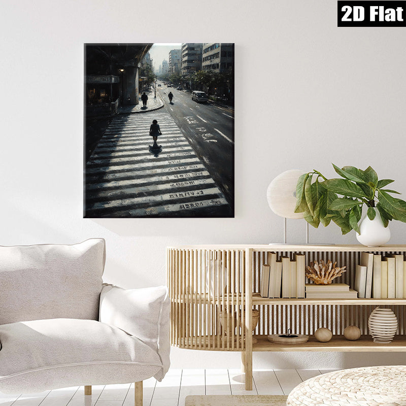 2D flat 1pc City Street Crossing Rain Moody Urban Wall Art Living Room Bedroom Decor Modern Minimalist Canvas Print Gallery Wrapped Ready to Hang