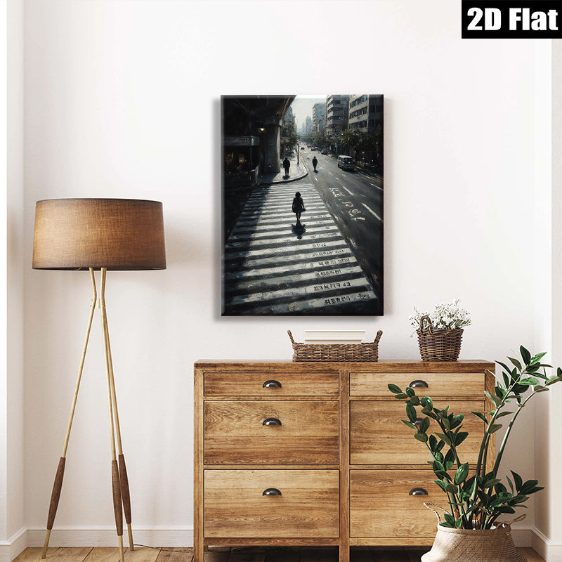 2D flat 1pc City Street Crossing Rain Moody Urban Wall Art Living Room Bedroom Decor Modern Minimalist Canvas Print Gallery Wrapped Ready to Hang