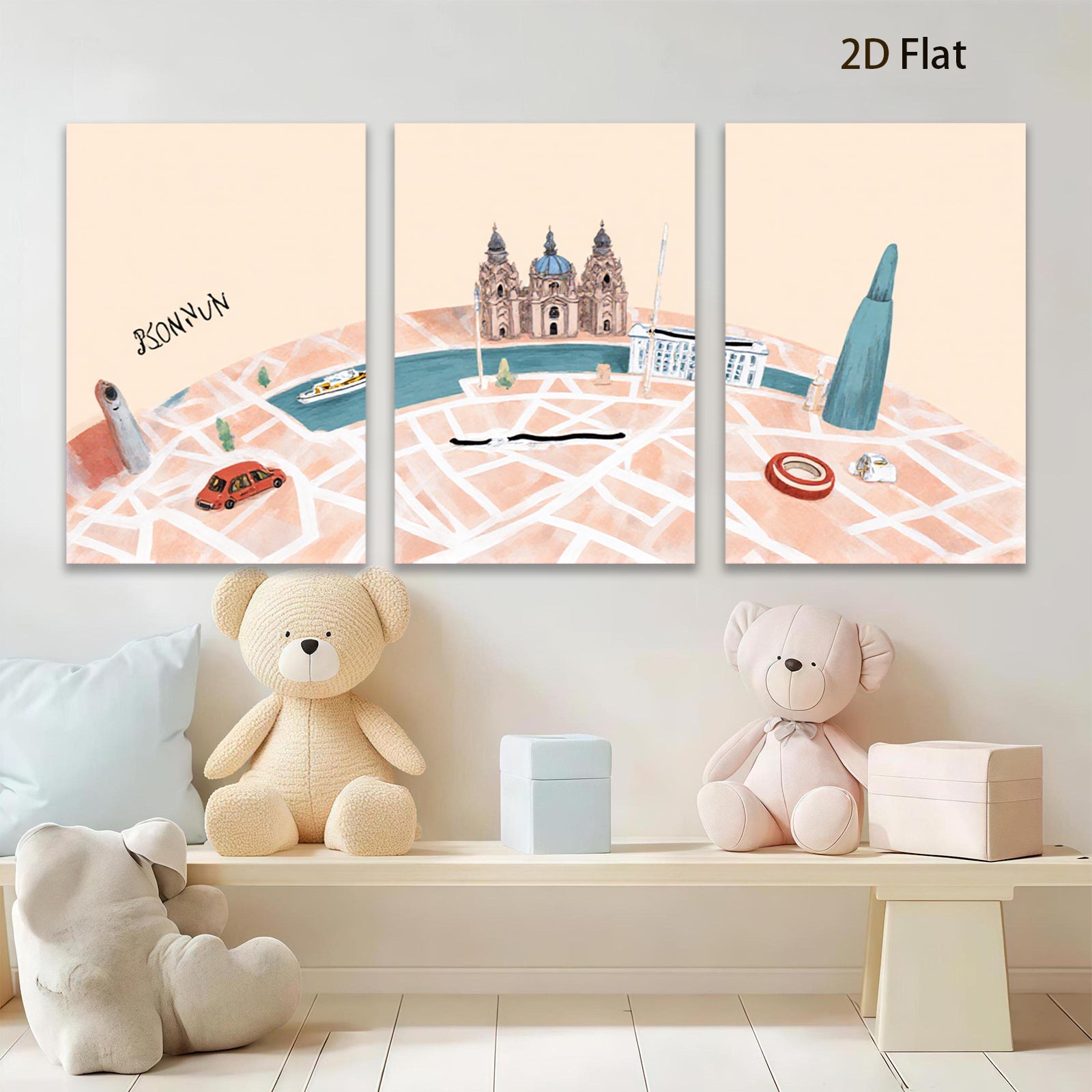 2D flat 1pc Cityscape Canal View Modern Wall Art Living Room Bedroom Decor Farmhouse Style Gallery Wrapped Canvas Prints Ready to Hang Teal Accents