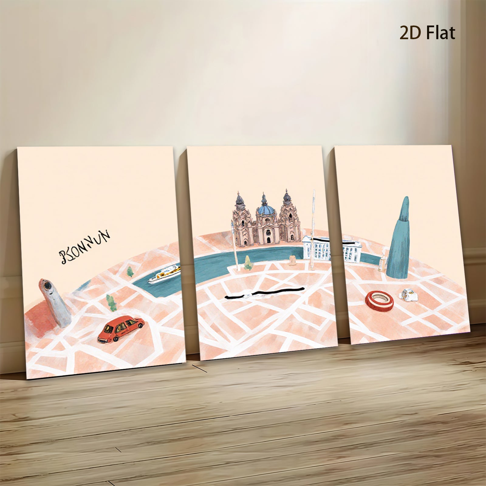 2D flat 1pc Cityscape Canal View Modern Wall Art Living Room Bedroom Decor Farmhouse Style Gallery Wrapped Canvas Prints Ready to Hang Teal Accents