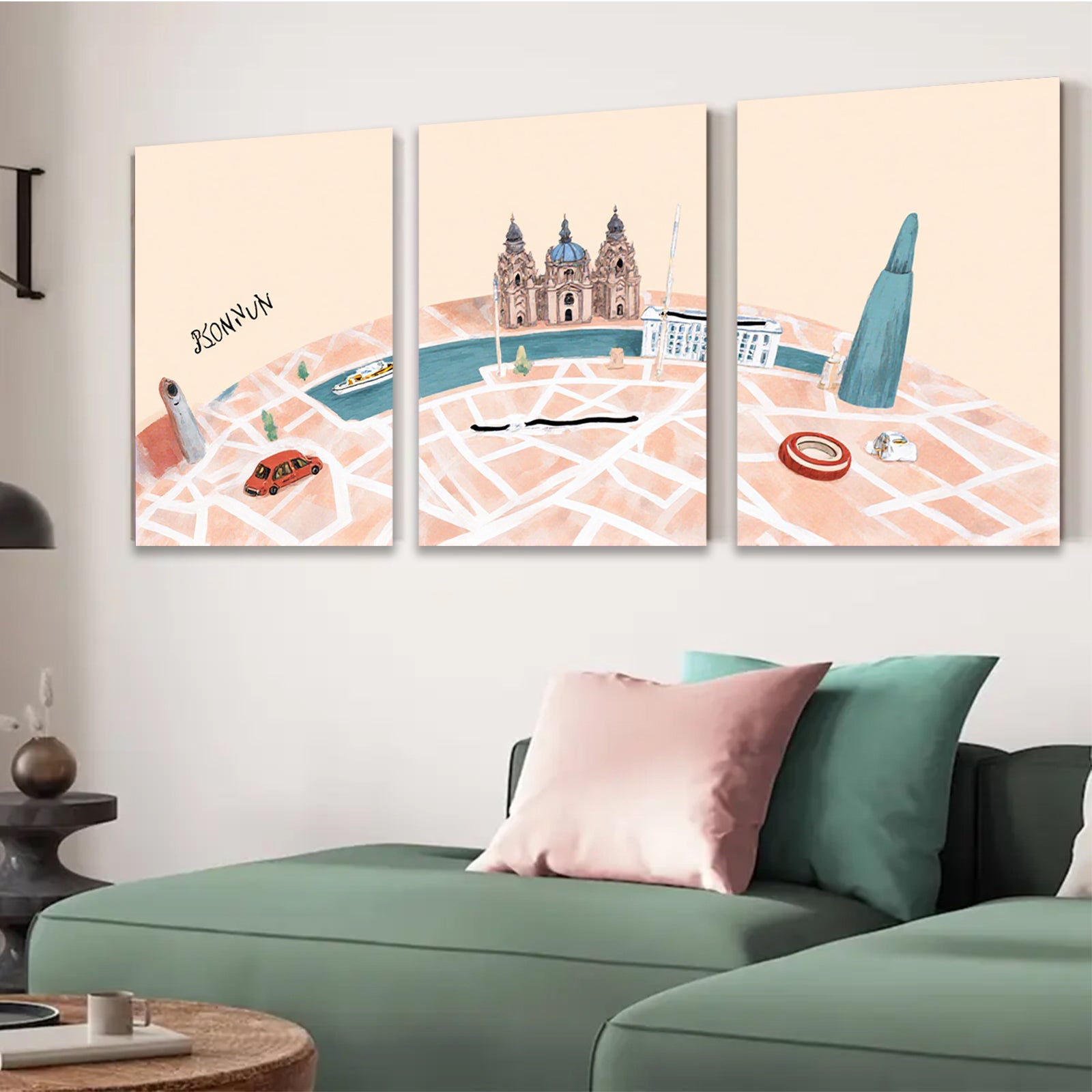 2D flat 1pc Cityscape Canal View Modern Wall Art Living Room Bedroom Decor Farmhouse Style Gallery Wrapped Canvas Prints Ready to Hang Teal Accents