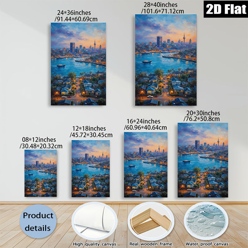 2D flat 1pc Cityscape Harbor View Night Scene Wall Art Decor for Living Room Bedroom Modern Farmhouse Style Canvas Prints Ready to Hang