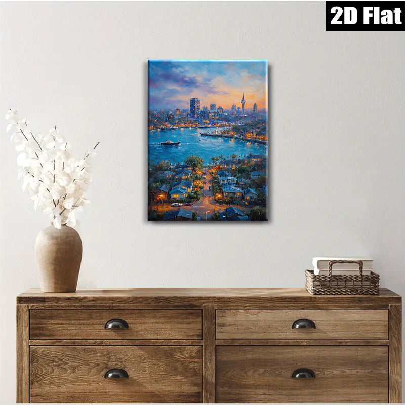 2D flat 1pc Cityscape Harbor View Night Scene Wall Art Decor for Living Room Bedroom Modern Farmhouse Style Canvas Prints Ready to Hang