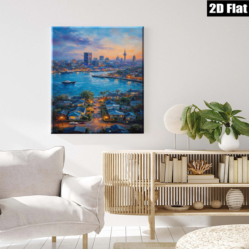 2D flat 1pc Cityscape Harbor View Night Scene Wall Art Decor for Living Room Bedroom Modern Farmhouse Style Canvas Prints Ready to Hang