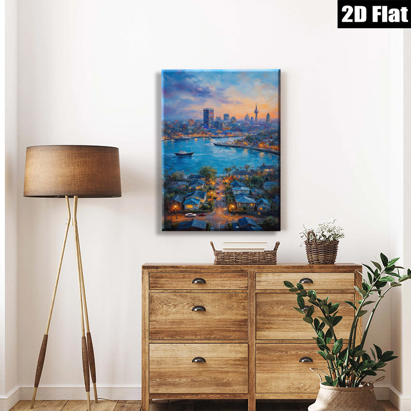 2D flat 1pc Cityscape Harbor View Night Scene Wall Art Decor for Living Room Bedroom Modern Farmhouse Style Canvas Prints Ready to Hang