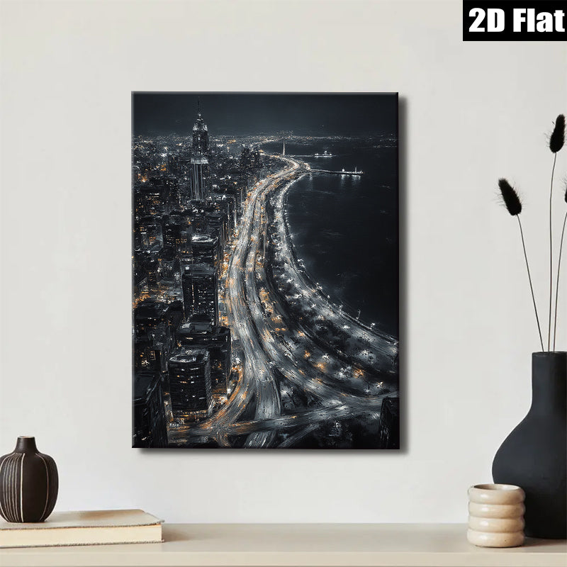 2D flat 1pc Cityscape Night Lights Modern Wall Art Canvas Prints for Living Room Bedroom Home Decor Gallery Wrapped Ready to Hang