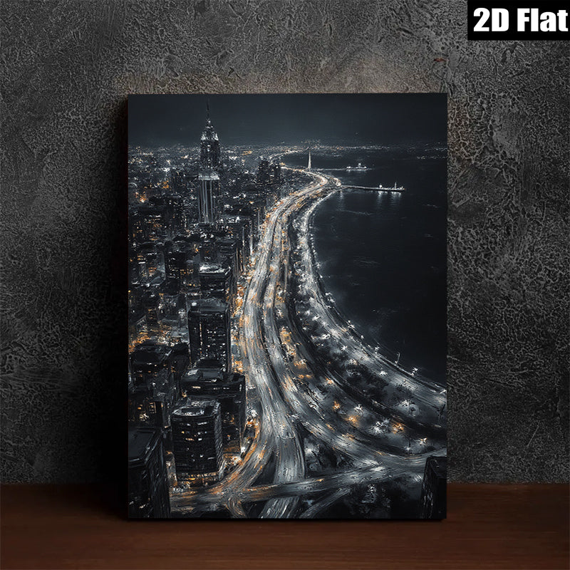 2D flat 1pc Cityscape Night Lights Modern Wall Art Canvas Prints for Living Room Bedroom Home Decor Gallery Wrapped Ready to Hang