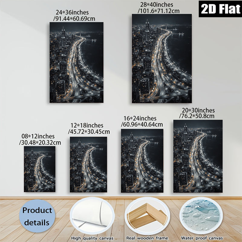 2D flat 1pc Cityscape Night Lights Modern Wall Art Canvas Prints for Living Room Bedroom Home Decor Gallery Wrapped Ready to Hang