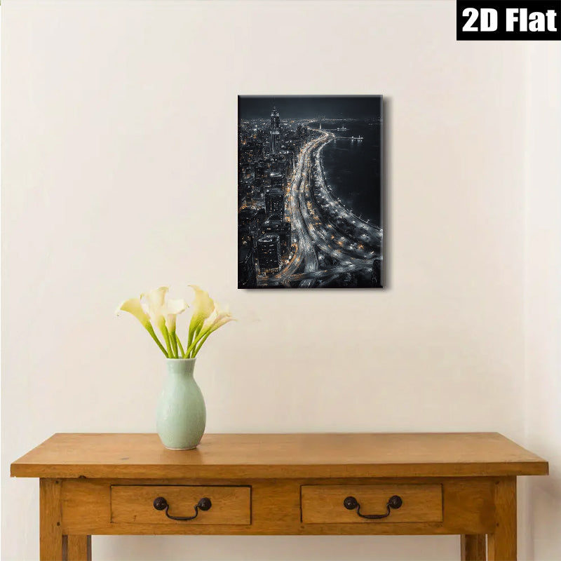 2D flat 1pc Cityscape Night Lights Modern Wall Art Canvas Prints for Living Room Bedroom Home Decor Gallery Wrapped Ready to Hang