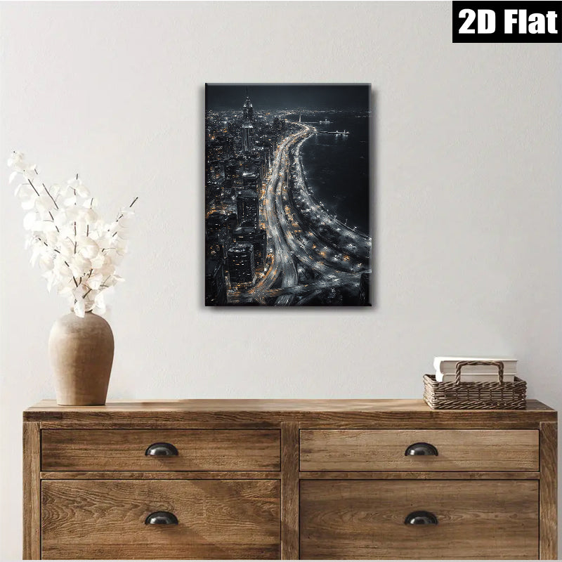 2D flat 1pc Cityscape Night Lights Modern Wall Art Canvas Prints for Living Room Bedroom Home Decor Gallery Wrapped Ready to Hang