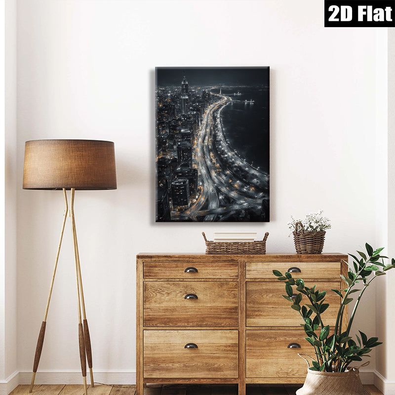 2D flat 1pc Cityscape Night Lights Modern Wall Art Canvas Prints for Living Room Bedroom Home Decor Gallery Wrapped Ready to Hang